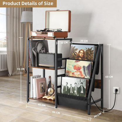 Platenspeler Standaard met Stopcontact, Eindtafel met 3 Niveaus Opslag voor Vinylplaten Platenspeler Tafel tot 200 Albums voor Vnyl Platen, Vinyl Platenhouder Kabinet voor de Woonkamer
