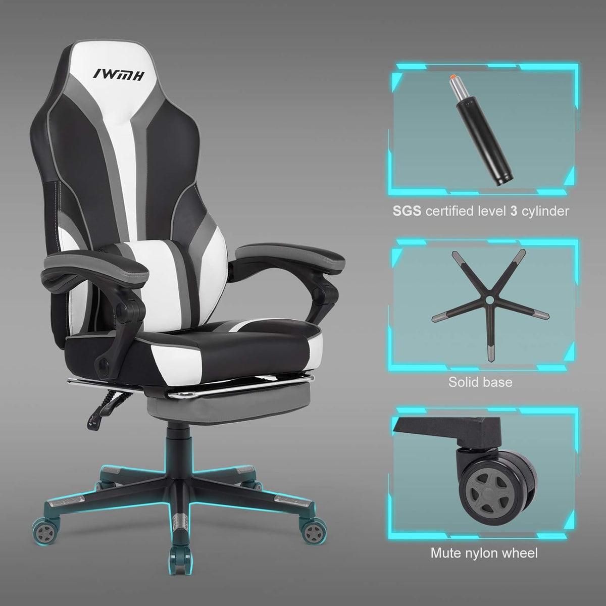 IntimaTe WM Heart Gamingstoel, ergonomische gamingstoel, met hoge rugleuning, bureaustoel met gevoerde zitting, inklapbare voetsteunen, verstelbare armleuningen 49 x 55 x 127(grijs)