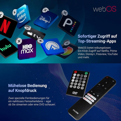 Falcon 24 inch TV WebOS SMART TV Wifi Camping – 12V/24V, geïntegreerde dvd-speler, Bluetooth 5.0, USB, streaming, Freeview, Netflix, Prime Video, pitch perfecte televisie voor camper, camper IPTV