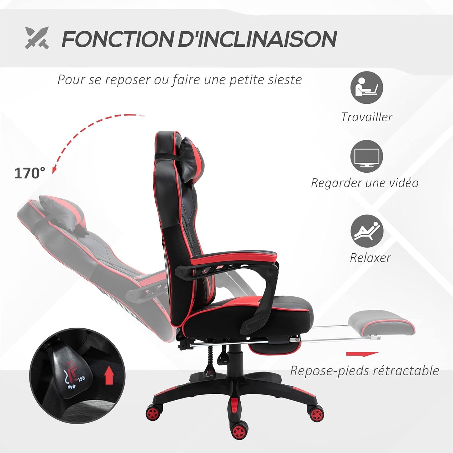 Vinsetto Ergonomic Gaming Chair, Comfortable Office Chair with Footrest, Headrest and Lumbar Cushion, Height Adjustable, Black and Red - QUORE