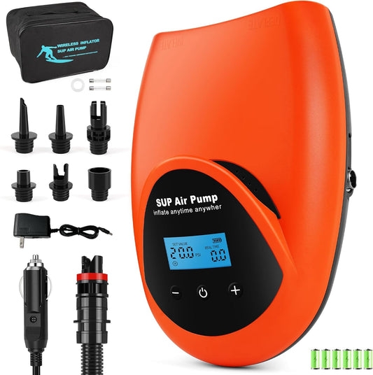 TONSIM 20 psi oplaadbare SUP-pomp, elektrische draadloze luchtpomp met accu, automatische uitschakeling, digitaal lcd-display, 12 V auto-adapter, draagbaar voor SUP-boards, kajak, rubberboot en