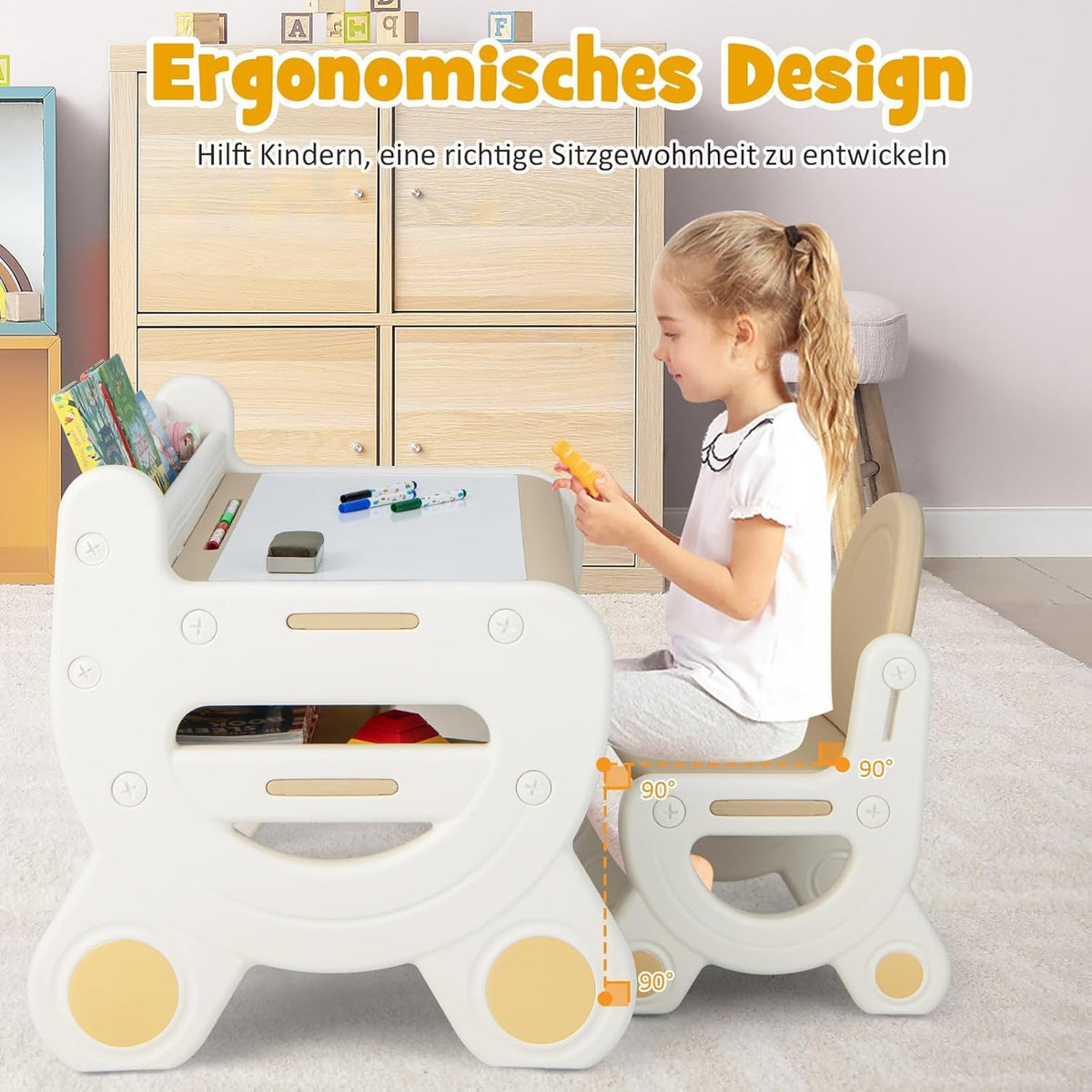 FANTASK Kinderzitgroep met in hoogte en kantelbaar tafelblad, kindertafel met kruk, om te tekenen, leren, spelen en eten, voor kinderen vanaf 3 jaar (bruin)