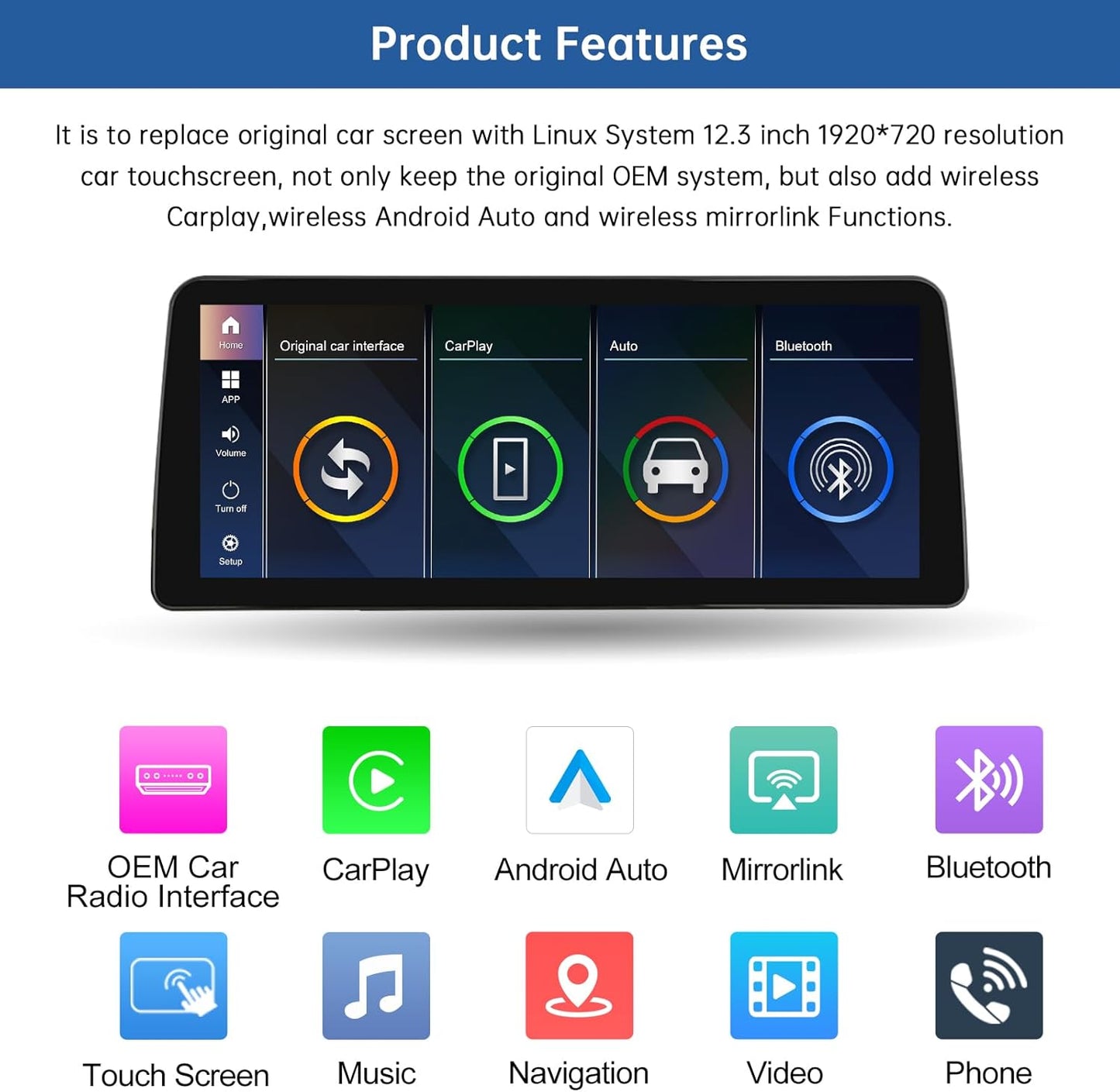 12,3 Inch Auto Radio Touchscreen – Multimedia Scherm – Navigatiesysteem – Autoradio Display – In-Car Monitor – Draadloze CarPlay & Android Auto – Hoge Resolutie 1920x720 Pixels