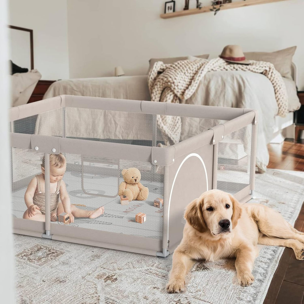 ZEEBABA Baby Playpen with Mat, 119.5 x 119.4 cm Playpen for Babies and Toddlers, Small Baby Play Pens, Baby Playground with 47 Inch Playground, Gate - QUORE
