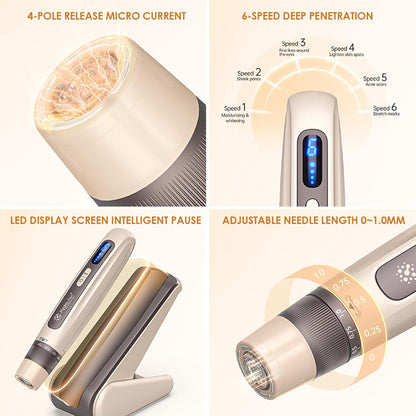 Professionele Microneedling Pen – Derma Pen – Microneedle Apparaat – Serum Applicator – Huidverzorgingspen – EMS Microstroom & Essence-Infusie – 6 Snelheden, Instelbare Naaldlengte 0-1,0 Mm