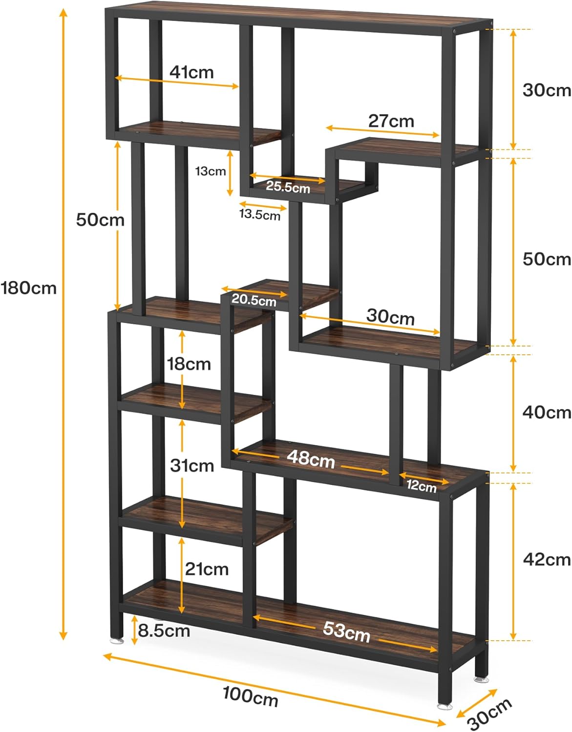 Tribesigns Industry 7 Tier Bookcase, 180 cm Tall Floor, Wooden Bookcase, Open Exhibition Rack with Metal Frame for Living Room, Home Office, Rustic Brown