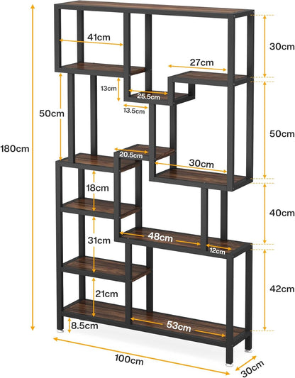 Tribesigns Industry 7 Tier Bookcase, 180 cm Tall Floor, Wooden Bookcase, Open Exhibition Rack with Metal Frame for Living Room, Home Office, Rustic Brown