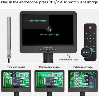 Andonstar AD249S-M 3 Lens HDMI Digitale Microscoop met Endoscoop, 2160P UHD Video Record, 10.1 Inch LCD, Solderen & Coin Biologische Microscoop, Windows Compatibel