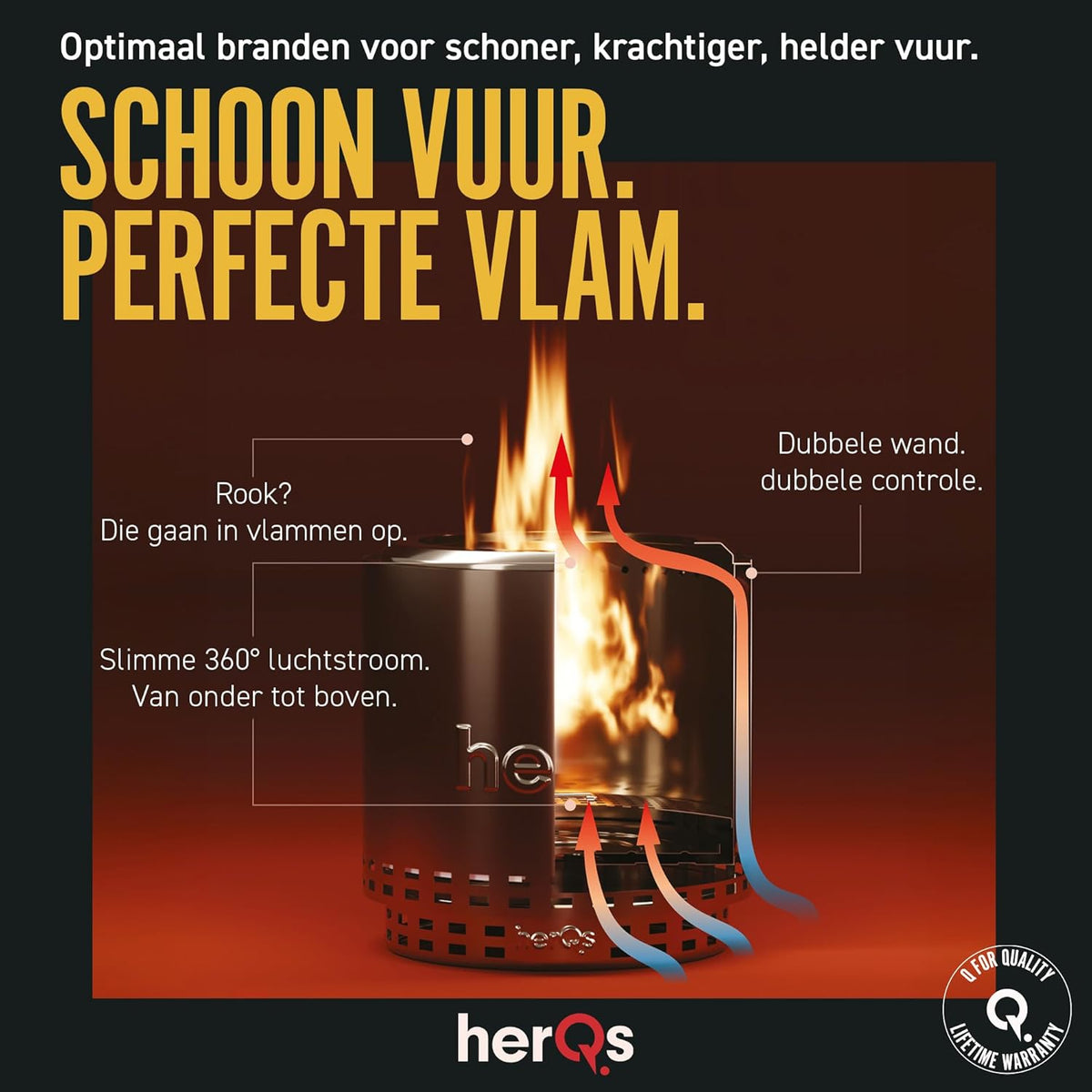 herQs Blaze - Rookvrije vuurkorf van roestvrij staal Ø49,5 cm voor 6-8 personen – Smokeless firepit met secundaire verbranding – Inclusief draagtas en asopvangbak - voor de gemiddelde en grote tuin