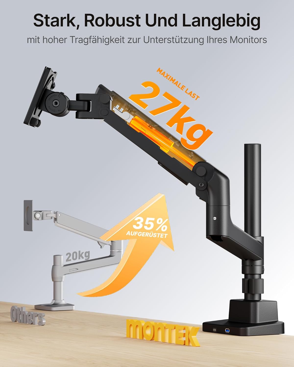 monTEK Zware Enkele Monitorarm voor 17-57 inch Schermen tot 27 KG, Gasveer Dubbele Gebogen Verstelbare Monitorstandaard voor Bureau, 75/100mm VESA-bevestiging met USB, Zwart