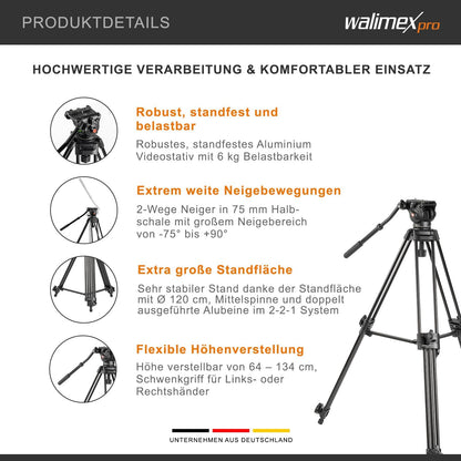 walimex pro EI-9901 Pro videostatief met opbergtas en snelwisselplaat, 134 cm