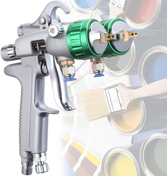 Spuitpistool Met Dubbel Mondstuk – Verfspuit – Airbrush – Spray Gun – Schilderpistool – Pneumatisch Ontwerp – Roestvrijstalen Mondstuk – 1200 TPM – 1,3 mm Diameter