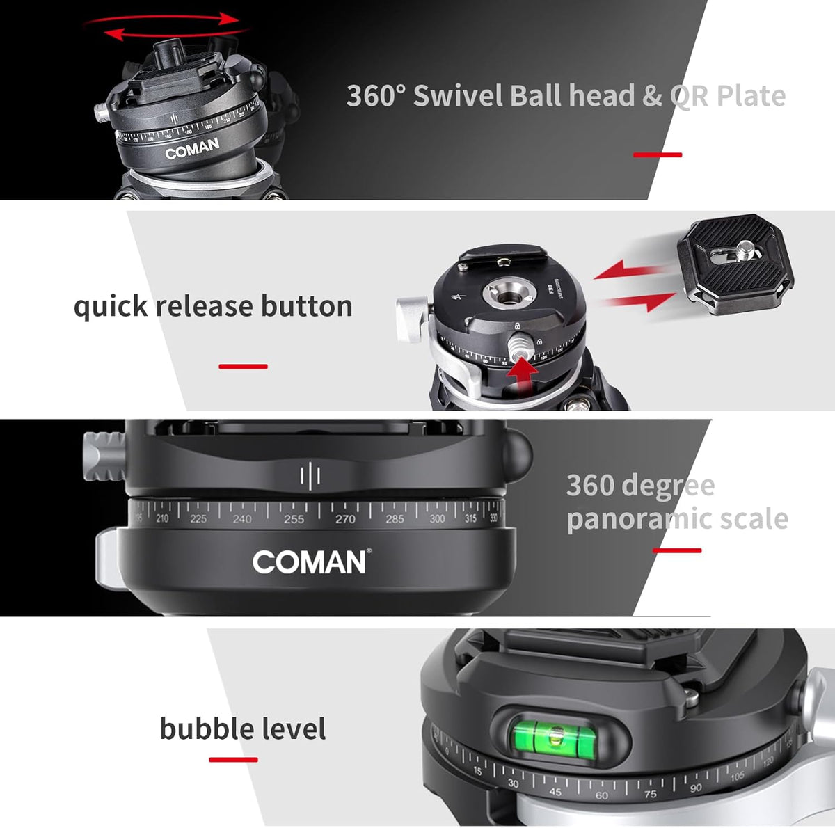 COMAN Zero F38 koolstofvezel statief met 360° panoramische kogelkop en F38 videostatief voor DSLR-camera's, lichtgewicht met hoogte