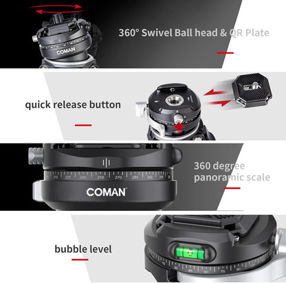 COMAN Zero F38 koolstofvezel statief met 360° panoramische kogelkop en F38 videostatief voor DSLR-camera's, lichtgewicht met hoogte