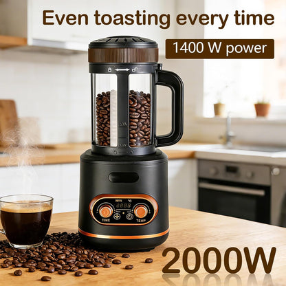 Koffiebrander met hete lucht, 200 g, 2200 W, automatische roostermachine voor koffiebonen, gedeelde koffiebonen, timer en timer traploos regelbaar, ideaal voor thuis en café