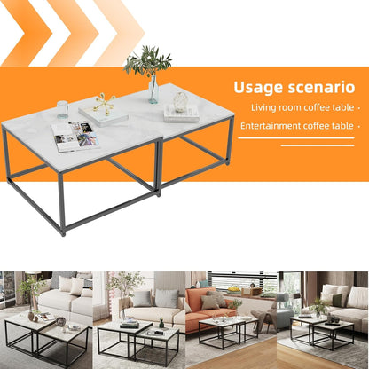 Witte marmeren bovenblad tafels vierkante salontafel - nesttafels set van 2 gesinterde steen met zwart metalen frame, woonkamer appartement hotel kantoor