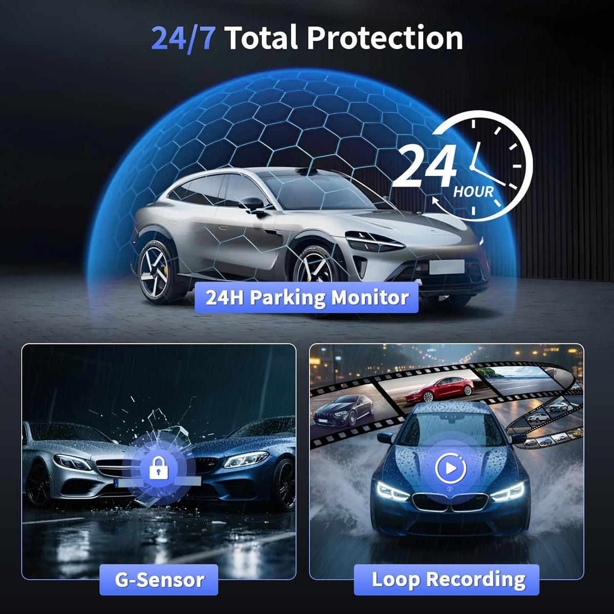 Hikity 4-kanaals dashcam, wifi dashcam 2K voor en 1080p achter binnen links rechts, autocamera met 64 GB kaart - wifi, G-sensor, loop-opname, nachtzicht, parkeerbewaking, achteruitrijassistent