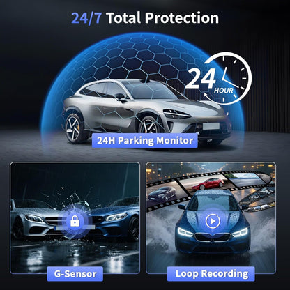 Hikity 4-kanaals dashcam, wifi dashcam 2K voor en 1080p achter binnen links rechts, autocamera met 64 GB kaart - wifi, G-sensor, loop-opname, nachtzicht, parkeerbewaking, achteruitrijassistent