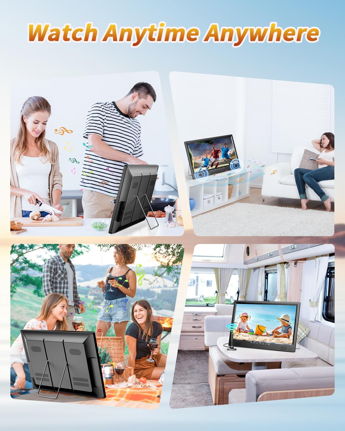 DESOBRY 19-inch tv, mini-tv met geïntegreerde 1080P kleine tv met antenne, digitale DVB-T2-tuner, HDMI AV USB, draagbare auto-tv voor kamperen, camper, keuken