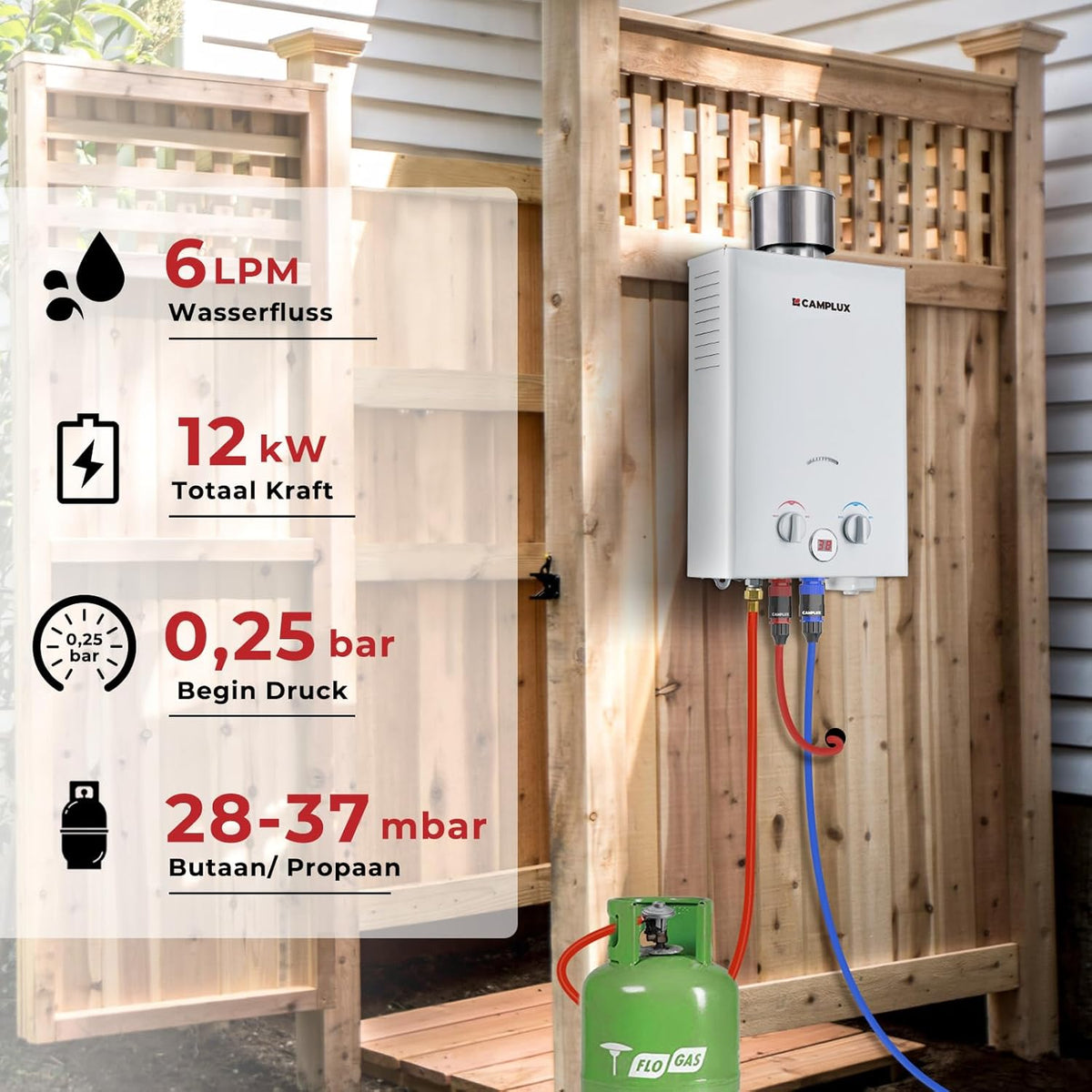 Camplux BW158C Tankless LPG doorstroomboiler op gas met regenhoes, draagbare boiler, 6 l, 12 kW, 50 mbar, voor camping, paardendouche