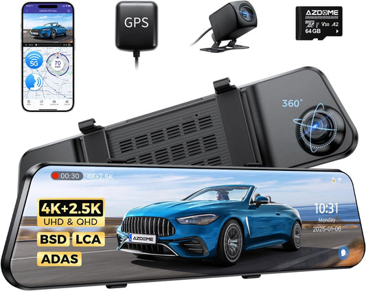 AZDOME 4K spiegel-dashcam, voor aan de auto, voor en achter met 2,5K achtercamera, 5G wifi-autocamera, 64 GB kaart inbegrepen, super nachtzicht, dashcam, GPS, spraakbediening, 12 inch IPS-touchscreen
