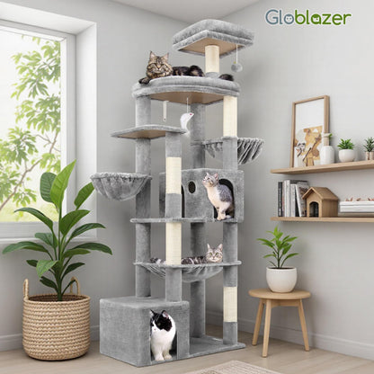 Globlazer cat tree xxl 194cm high with 2 Large Cat House, Hammock 50 * 40CM, Platform Lined Large, 2 Basket, Seat Rod, Huge Scratching Post for 3-5 Large Cats Rest Play Indoor (S76B, Light grey) - QUORE