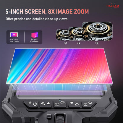 Ralcam Endoscoopcamera met licht, endoscoopcamera met 210° beweegbare kop, 6,2 mm sonde, 5 inch HD-scherm, IP67-inspectiecamera, 1,5 m elastische slangenbuis, buiscamera voor auto en huis
