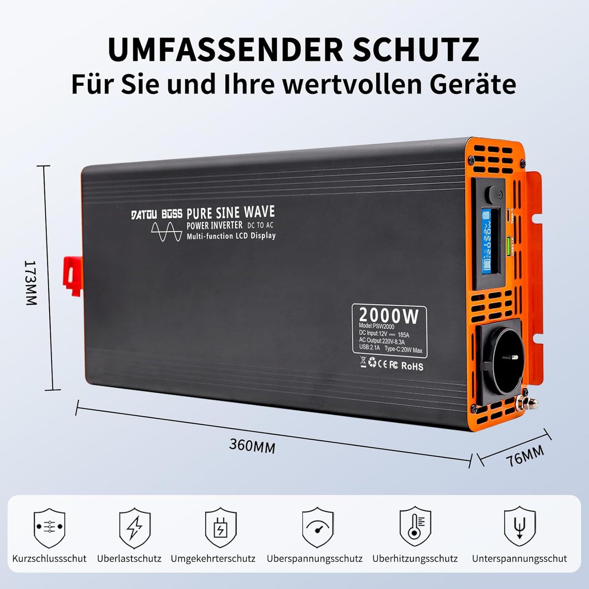 DATOUBOSS 2000W Omvormer 12v naar 230v Zuivere Sinus, Spanningsomvormer Pure Sine 12v 230v met AC-aansluiting en 3A USB-poort Soor Thuis, Camper, Off-Grid Zonne-energie-omvormer