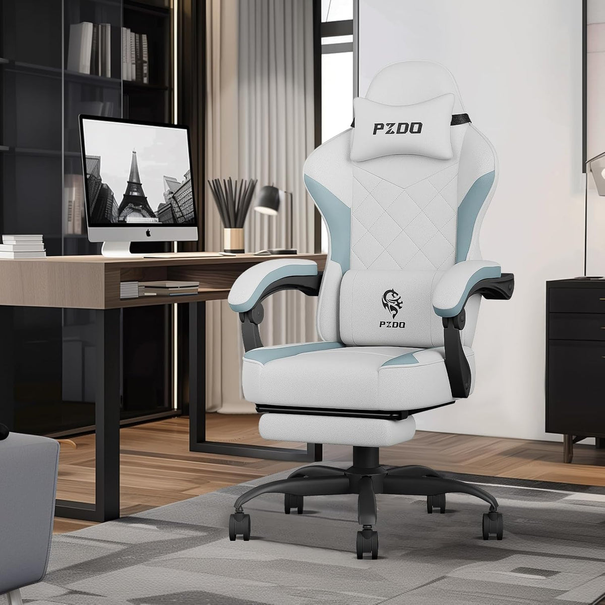 Gaming Stoel Ergonomische Computerstoel – Bureaustoel Gamingstoel Werkstoel – PC-Stoel met Voetensteun – Verstelbare Rugleuning en Armleuningen – Zitkussen met Pocketveren en Latex – Ademend Technisch Stof Grijs