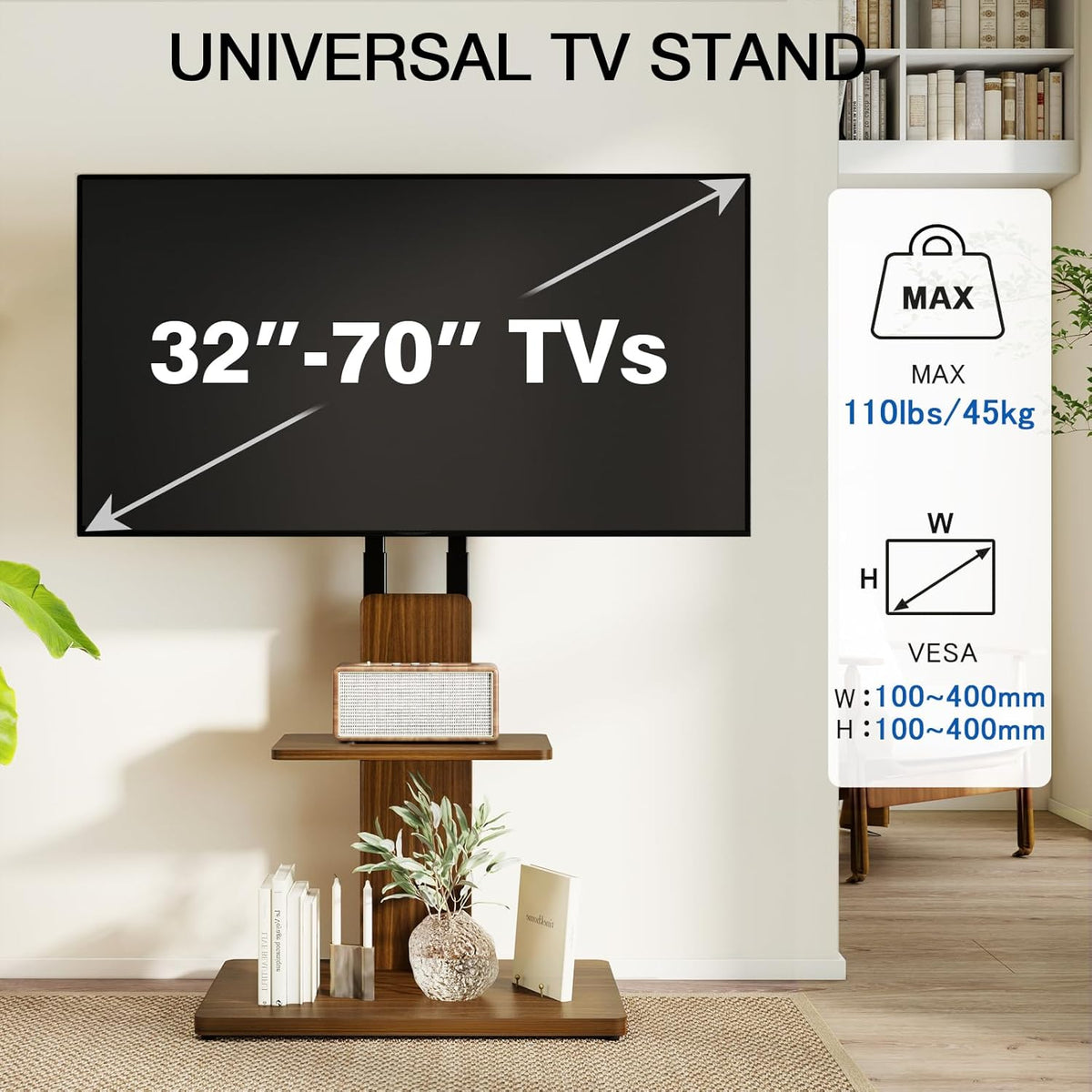 TVON TV vloerstandaard met verborgen wielen voor 32-70 inch tv's, in hoogte verstelbaar, tv-standaard tot 45 kg, met verstelbare houten plank, max. VESA 400 x 400 mm