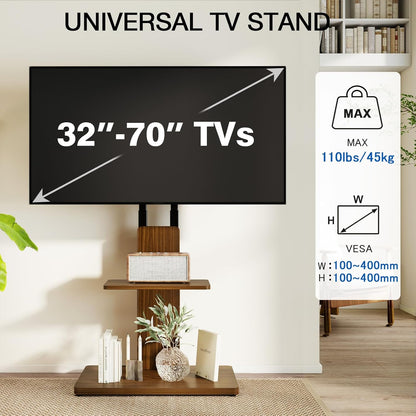 TVON TV vloerstandaard met verborgen wielen voor 32-70 inch tv's, in hoogte verstelbaar, tv-standaard tot 45 kg, met verstelbare houten plank, max. VESA 400 x 400 mm