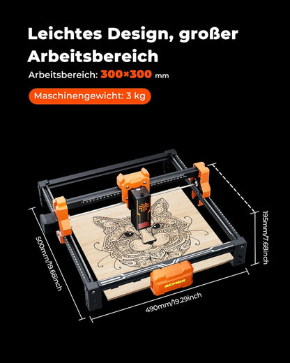 ACMER S2 lasersnijder, 12 W, 72 W lasergraveermachine, graveren en snijden van houten platen met slechts één klik voor kleine en winstgevende bedrijven, doe-het-zelfprojecten, 300 x 300 mm