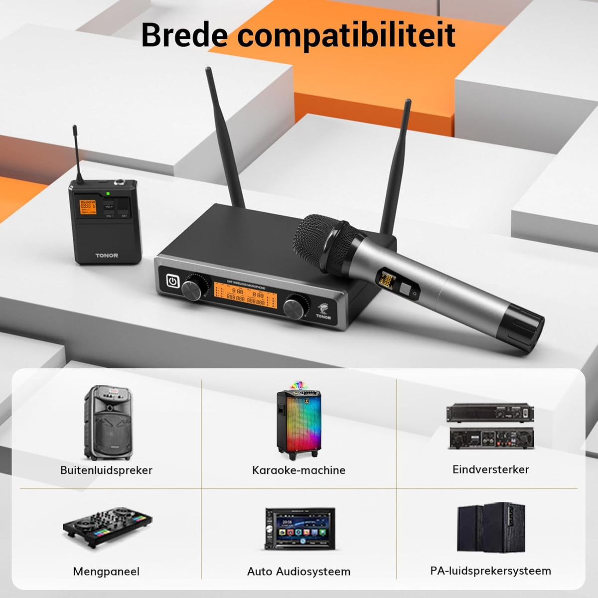 TONOR UHF Draadloze Microfoon Systeem met Metalen Draadloze Handheld/Headset/Lavalier Revers Mics, Bodypack Zender, Ontvanger, 2 * 5 Kanalen 60M Bereik voor Zingen Karaoke Kerk Party DJ PA Speaker