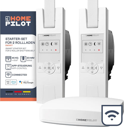 HOMEPILOT - Startset voor 2 rolluiken Smart | Complete set eenvoudige montage achteraf, biedt energie-efficiëntie en gemak | Inhoud: 1 x Gateway premium, 2 x RolloTron Klassiek Smart met bandoproller