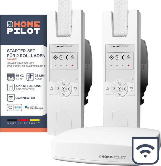 HOMEPILOT - Startset voor 2 rolluiken Smart | Complete set eenvoudige montage achteraf, biedt energie-efficiëntie en gemak | Inhoud: 1 x Gateway premium, 2 x RolloTron Klassiek Smart met bandoproller