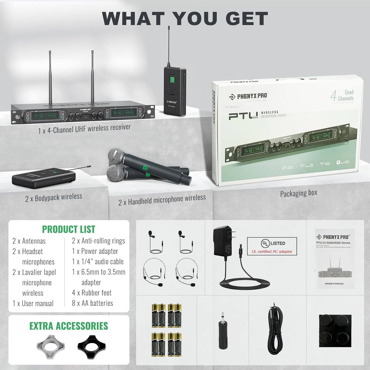 Phenyx Pro Draadloos microfoonsysteem, 4-kanaals UHF draadloze microfoonset met handheld/bodypack/headset/reversmicrofoons, metalen draadloze microfoon met vaste frequentie voor kerk, zingen, DJ