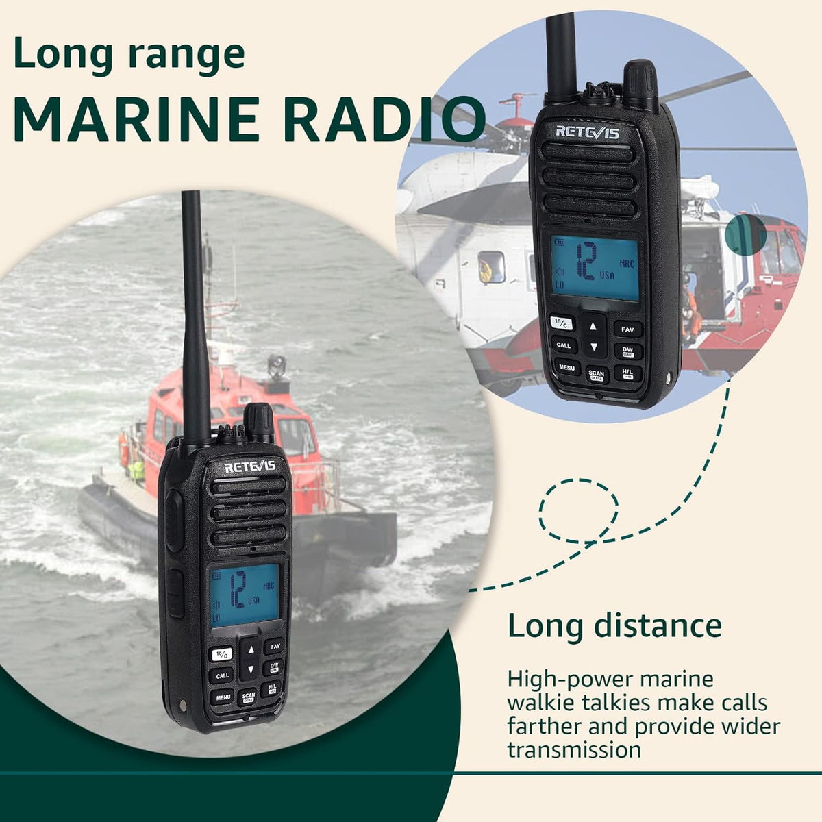 Retevis RM21 Handheld Marine Radio, IP67 Waterdichte Walkie Talkie, AI Intelligente Ruisonderdrukking, 88 Kanalen Ship to Shore Two Way Radio voor Kustwacht, Kajakken, Vissen(Zwart,1 Pack)