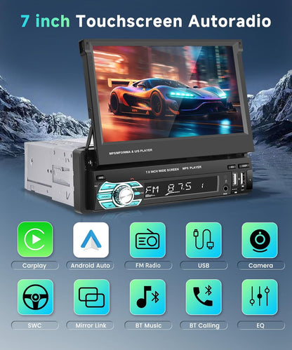 Podofo Draadloze Carplay Autoradio 1Din met 7'' Uitschuifbaar Display Handmatig Scherm Draadloos Android Auto Bluetooth 5.1 FM 2USB/AUX/SD/Stuurbediening met Achteruitrijcamera Stuurbediening