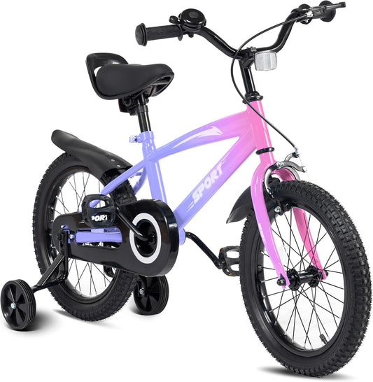 Kinderfiets, 14 inch, fiets voor jongens en meisjes met steunwielen, stevig frame, verstelbare zitting, terugtraprem en handrem, geschikt voor bestuurders van 94 tot 107 cm (paars kleurverloop)