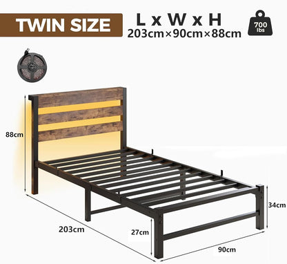HOMERECOMMEND 3ft eenpersoonsbedframe met USB-laadstation, LED-bedframe met houten opberghoofdeinde, metalen platformbedframe enkele maat, geen boxspring nodig, ondersteuning voor sterke latten