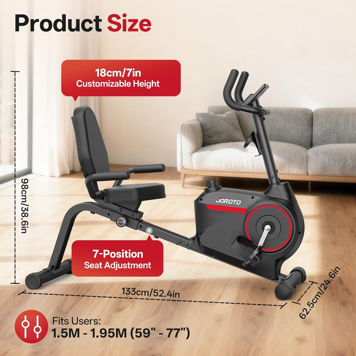 JOROTO JH30/JH30PRO Ligfiets voor Thuis, Bluetooth Magnetische Ligergometer, Hometrainer voor Senioren met 136KG Gewichtscapaciteit, LCD Scherm, Verstelbare Zitting voor Cardiotraining