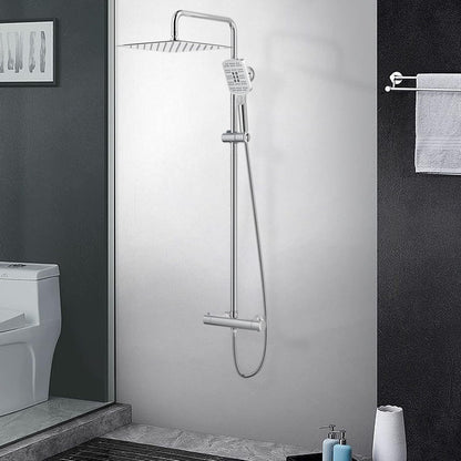 Rainsworth Douchesysteem met thermostaat, chroom, 30 x 30 cm, vierkante regendouche, roestvrij staal, complete set, 3 straalsoorten, douchekop, regendouche met kraan, 92-126 cm douchestangen