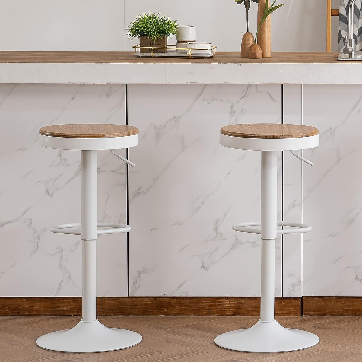 YOUNIKE Barkruk, set van 2, wit hout, in hoogte verstelbaar, draaibaar, barkruk, keukenstoelen, hoogte barstoelen met voetensteun, voor bar keuken