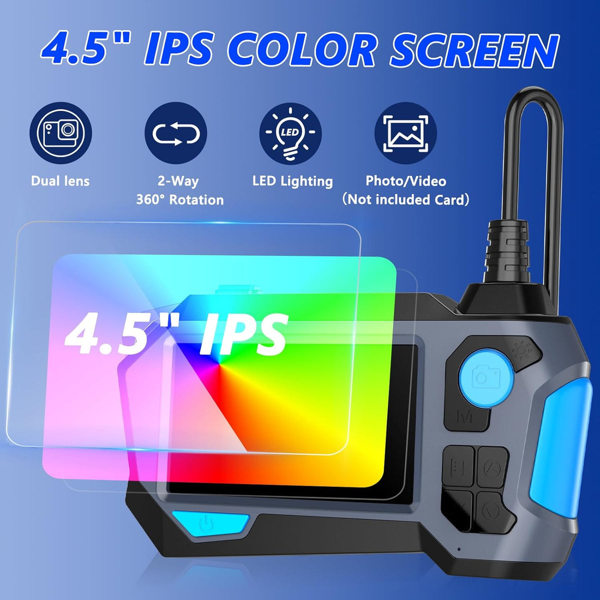 Endoscoop-inspectiecamera, bidirectionele 720° rotatie-endoscoop met 8+1 verlichting, 1920P HD Dual Lens Snake Borescope, IP68 flexibele inspectiecamera, 4,5 inch IPS-scherm, gadgets voor