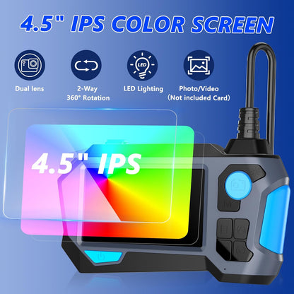 Endoscoop-inspectiecamera, bidirectionele 720° rotatie-endoscoop met 8+1 verlichting, 1920P HD Dual Lens Snake Borescope, IP68 flexibele inspectiecamera, 4,5 inch IPS-scherm, gadgets voor