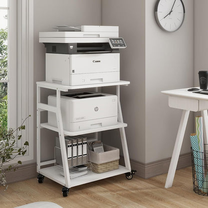 Printertafel – Printerstandaard – Opbergtafel – Printkar – Werkplek Organizer – 3 Niveaus Met Verstelbare Plank – Stevig Stalen Frame Met Wieltjes