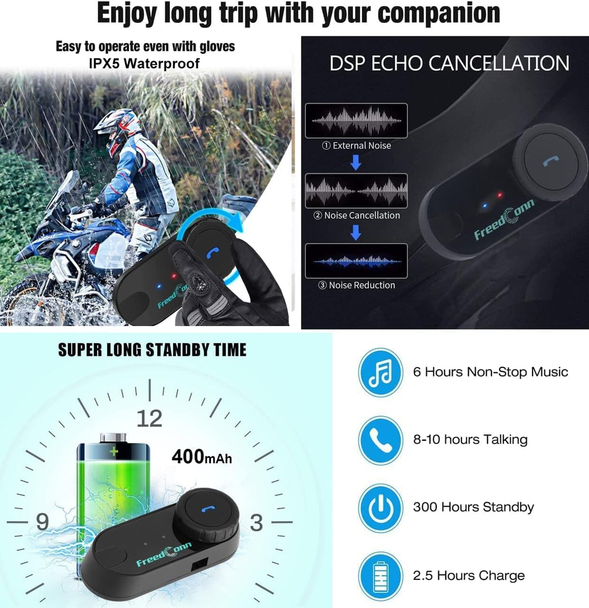 FreedConn TCOM-VB 2 x Bluetooth headset voor motorfiets, intercom, geluidsreductie, communicatiesysteem voor motorfietsen, GPS, FM-radio, handsfree, reikwijdte 800 m, 2-3 rijders pairing