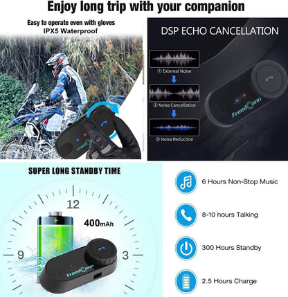 FreedConn TCOM-VB 2 x Bluetooth headset voor motorfiets, intercom, geluidsreductie, communicatiesysteem voor motorfietsen, GPS, FM-radio, handsfree, reikwijdte 800 m, 2-3 rijders pairing