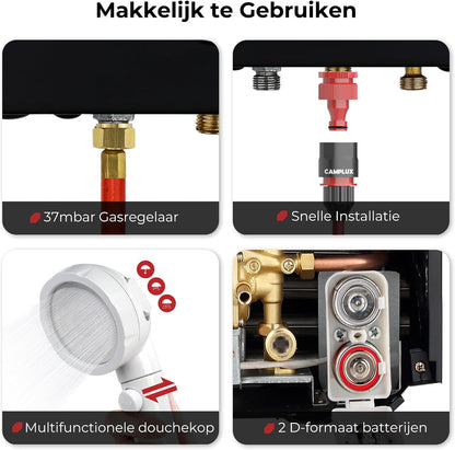 Camplux BW264BC 10 l gasboiler met regendeksel, gar-standaard, CE-gecertificeerd, voor kamperen, campers, paardenwassen