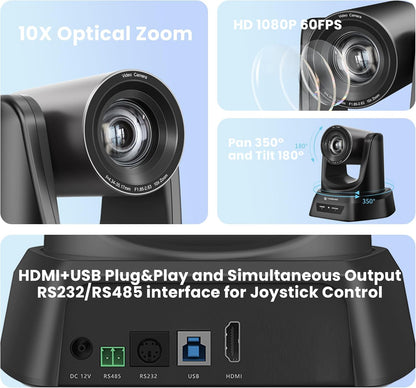 TONGVEO Conferentiecamera, 10 x optische zoom, USB-HDMI 1080P HD PTZ-camera voor teams/zoom, videoconferentie, YouTube OBS Live Streaming (10 x HDMI/USB)